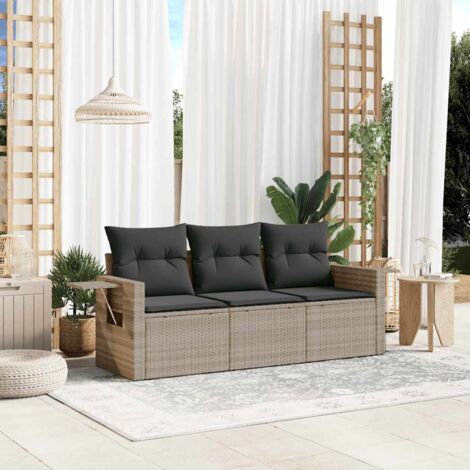 Set de sofá de jardín 3 pzas y cojines ratán sintético gris