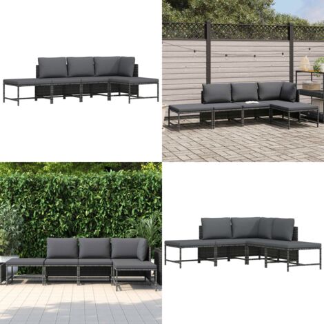 Set de sofá de jardín 5 piezas con cojines ratán sintético gris - Sofá exterior - Cojines sintéticos