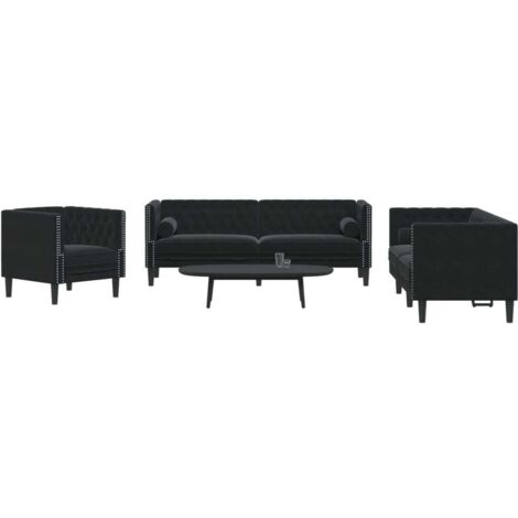 Set de sofás Chesterfield con cojines 3 piezas terciopelo negro