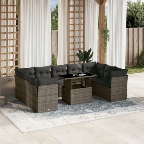 Set de sofás de jardín 10 pzas con cojines ratán sintético gris