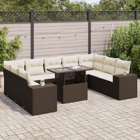 Set de sofás de jardín 10 pzas y cojines ratán sintético marrón