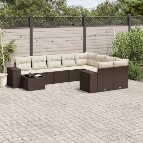 Set de sofás de jardín 10 pzas y cojines ratán sintético marrón