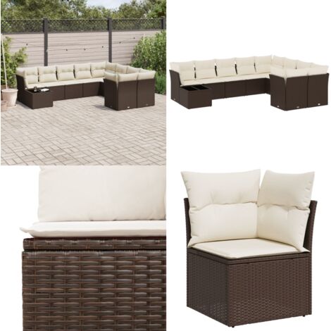 Set de sofás de jardín 10 pzas y cojines ratán sintético marrón - Cojines de asiento - Ratán sintético