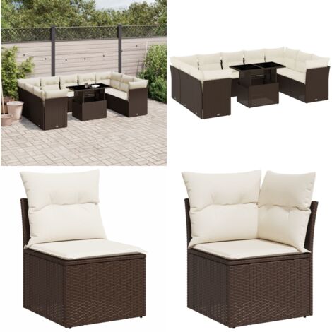 Set de sofás de jardín 10 pzas y cojines ratán sintético marrón - Cojines de asiento - Ratán sintético