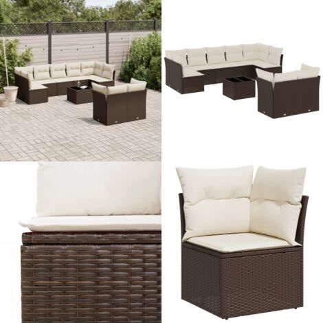 Set de sofás de jardín 10 pzas y cojines ratán sintético marrón - Cojines de asiento - Ratán sintético