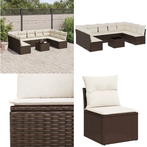 Set de sofás de jardín 10 pzas y cojines ratán sintético marrón - Cojines de asiento - Ratán sintético
