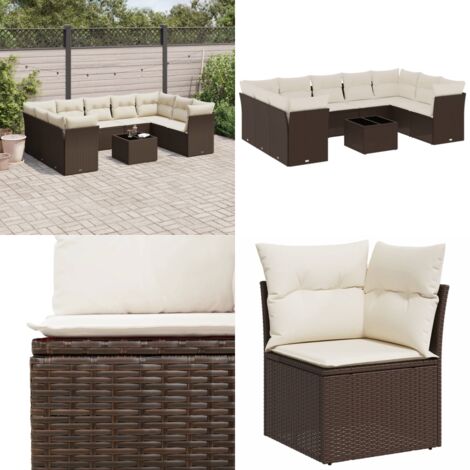 Set de sofás de jardín 10 pzas y cojines ratán sintético marrón - Cojines de asiento - Ratán sintético