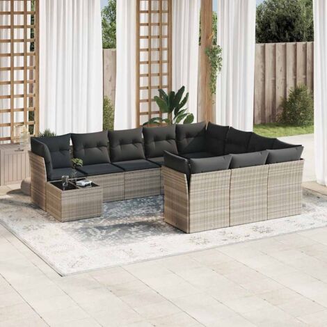 Set de sofás de jardín 11 pzas y cojines ratán sintético gris