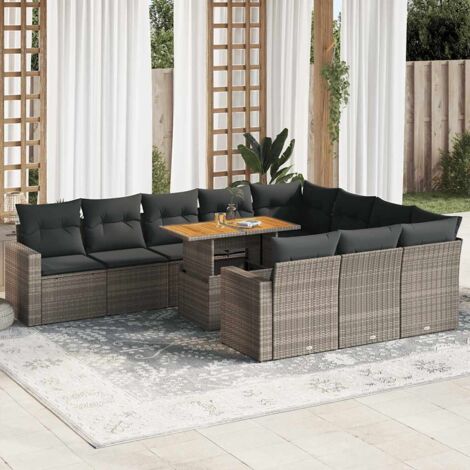 Set de sofás de jardín 11 pzas y cojines ratán sintético gris