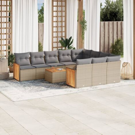 Set de sofás de jardín 11pzas con cojines ratán sintético beige