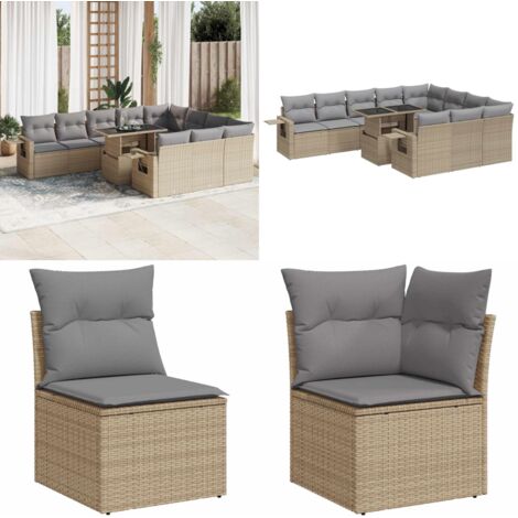 Set de sofás de jardín 11pzas con cojines ratán sintético beige - Cojines para sofás - Ratán sintético