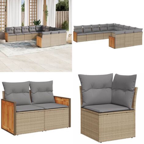 Set de sofás de jardín 11pzas con cojines ratán sintético beige - Muebles de exterior - Cojines para sofás