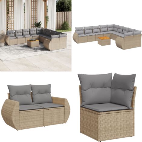 Set de sofás de jardín 11pzas con cojines ratán sintético beige - Muebles de exterior - Cojines para sofás
