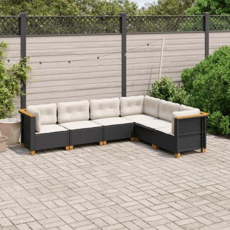 Set de sofás de jardín 6 piezas y cojines ratán sintético negro