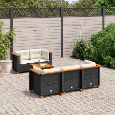 Set de sofás de jardín 6 piezas y cojines ratán sintético negro