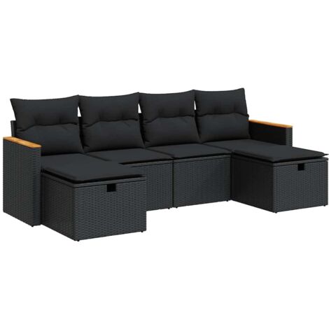 Set de sofás de jardín 6 piezas y cojines ratán sintético negro