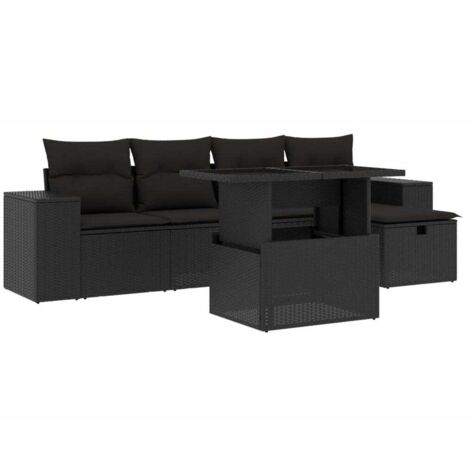 Set de sofás de jardín 6 piezas y cojines ratán sintético negro
