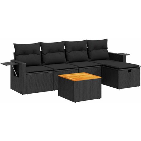 Set de sofás de jardín 6 piezas y cojines ratán sintético negro