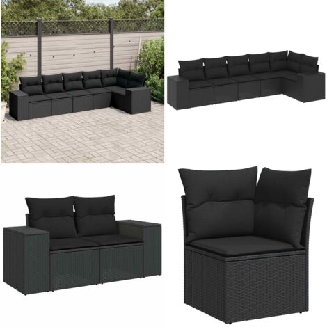 Set de sofás de jardín 6 piezas y cojines ratán sintético negro - Cojines para sofás - Ratán sintético