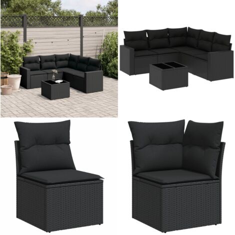 Set de sofás de jardín 6 piezas y cojines ratán sintético negro - Cojines para sofás - Ratán sintético