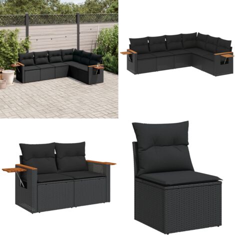 Set de sofás de jardín 6 piezas y cojines ratán sintético negro - Cojines para sofás - Ratán sintético