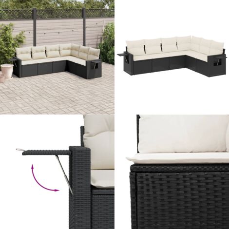 Set de sofás de jardín 6 piezas y cojines ratán sintético negro - Cojines para sofás - Ratán sintético