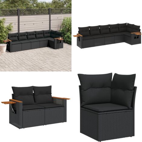 Set de sofás de jardín 6 piezas y cojines ratán sintético negro - Cojines para sofás - Ratán sintético