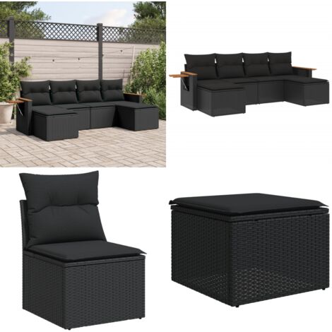 Set de sofás de jardín 6 piezas y cojines ratán sintético negro - Cojines para sofás - Ratán sintético