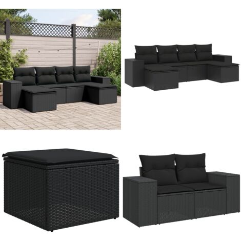 Set de sofás de jardín 6 piezas y cojines ratán sintético negro - Cojines para sofás - Ratán sintético