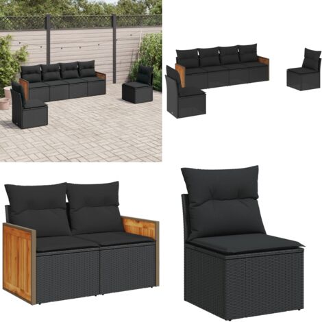 Set de sofás de jardín 6 piezas y cojines ratán sintético negro - Cojines para sofás - Ratán sintético