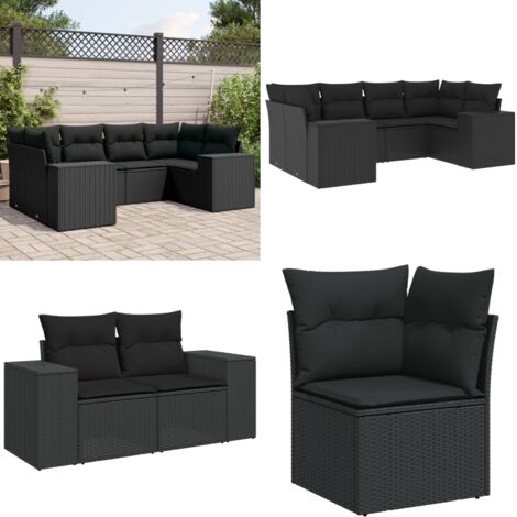 Set de sofás de jardín 6 piezas y cojines ratán sintético negro - Cojines para sofás - Ratán sintético