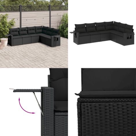 Set de sofás de jardín 6 piezas y cojines ratán sintético negro - Cojines para sofás - Ratán sintético