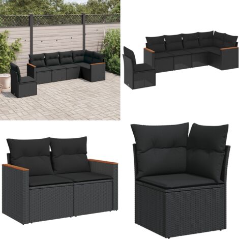 Set de sofás de jardín 6 piezas y cojines ratán sintético negro - Cojines para sofás - Ratán sintético