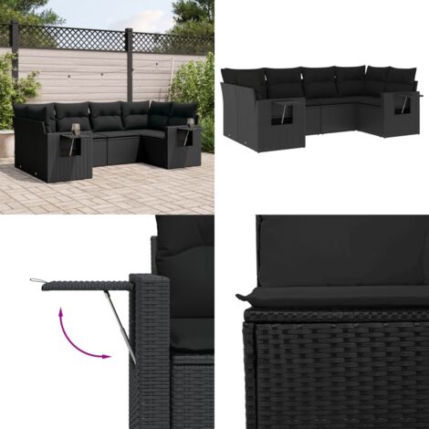 Set de sofás de jardín 6 piezas y cojines ratán sintético negro - Cojines para sofás - Ratán sintético