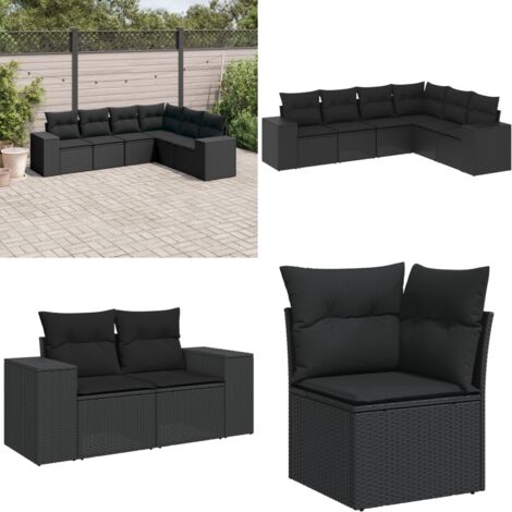 Set de sofás de jardín 6 piezas y cojines ratán sintético negro - Cojines para sofás - Ratán sintético