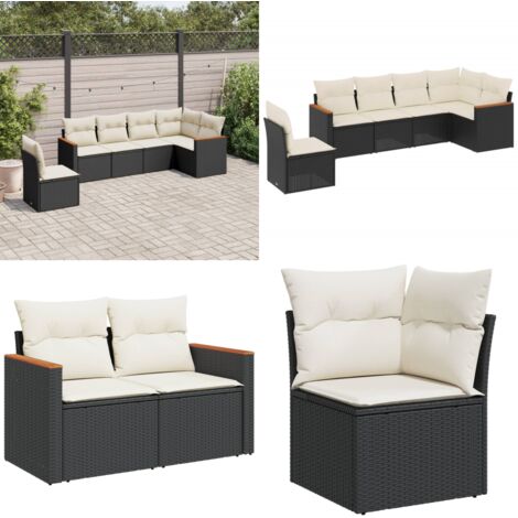 Set de sofás de jardín 6 piezas y cojines ratán sintético negro - Cojines para sofás - Ratán sintético