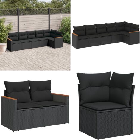 Set de sofás de jardín 6 piezas y cojines ratán sintético negro - Cojines para sofás - Ratán sintético