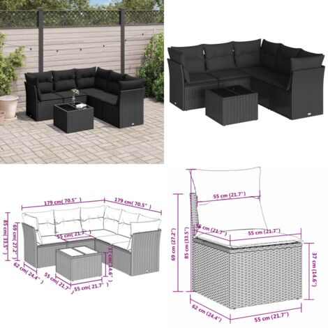 Set de sofás de jardín 6 piezas y cojines ratán sintético negro - Cojines para sofás - Ratán sintético