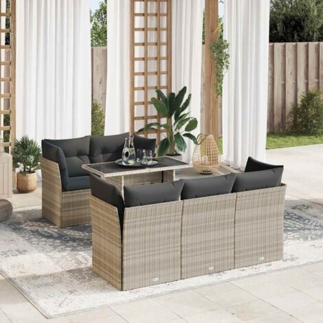 Set de sofás de jardín 6 pzas y cojines ratán sintético gris