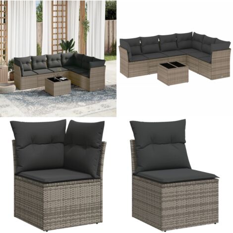 Set de sofás de jardín 7 piezas con cojines ratán PE gris - Cojines para sofás - Ratán sintético