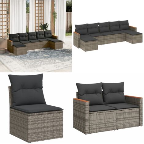 Set de sofás de jardín 7 piezas con cojines ratán PE gris - Cojines para sofás - Ratán sintético