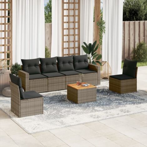 Set de sofás de jardín 7 piezas con cojines ratán PE gris vidaXL