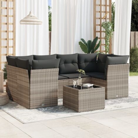 Set de sofás de jardín 7 pzas con cojines ratán PE gris claro
