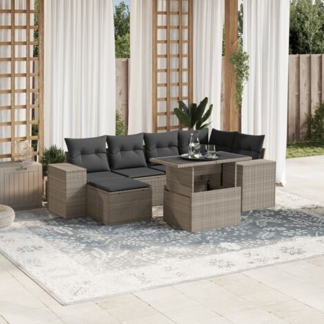 Set de sofás de jardín 7 pzas con cojines ratán PE gris claro