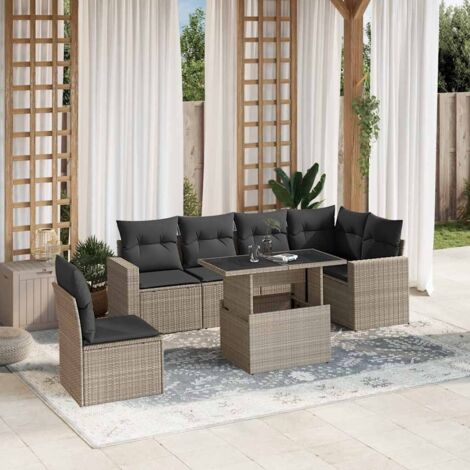 Set de sofás de jardín 7 pzas con cojines ratán PE gris claro