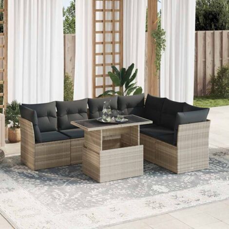 Set de sofás de jardín 7 pzas con cojines ratán PE gris claro