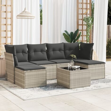 Set de sofás de jardín 7 pzas con cojines ratán PE gris claro