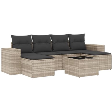 Set de sofás de jardín 7 pzas con cojines ratán PE gris claro vidaXL