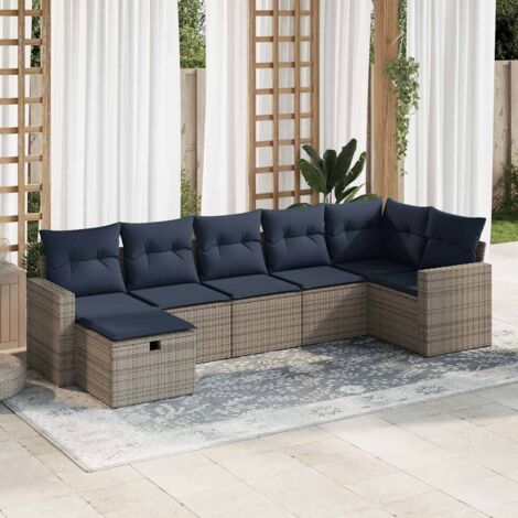 Set de sofás de jardín 7 pzas con cojines ratán sintético gris