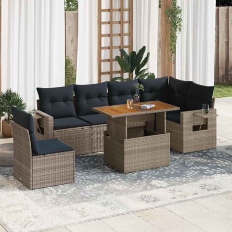 Set de sofás de jardín 7 pzas con cojines ratán sintético gris